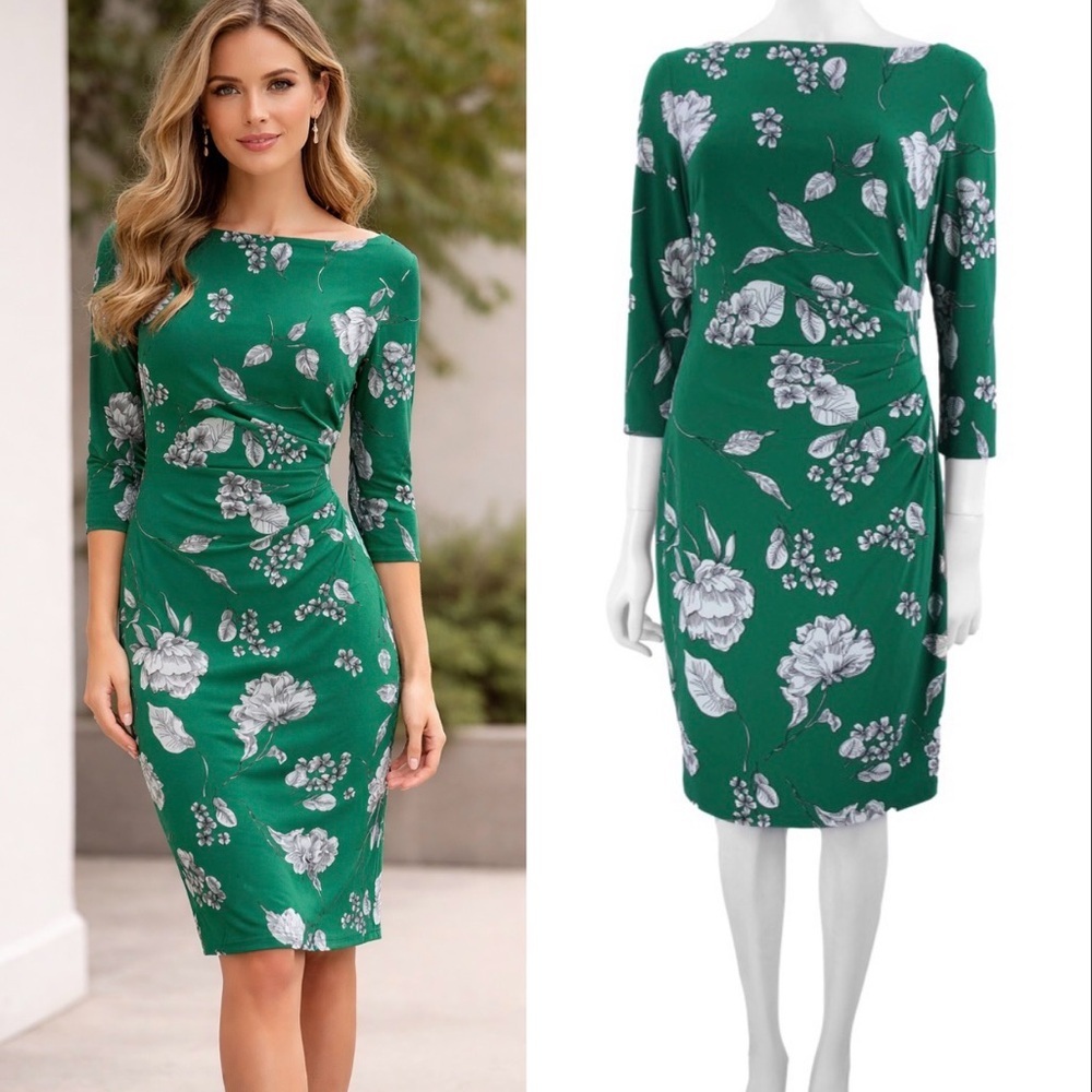RALPH LAUREN Green Floral Sheath Dress with Three-Quarter Sleeves sz 0